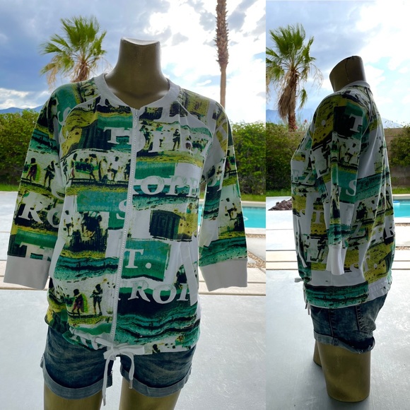ONQUE Casuals ST. TROPEZ Postcard Print JACKET With RHINESTONE Zipper Medium - Picture 7 of 16
